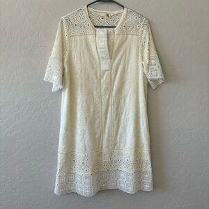 Everleigh White Cream Eyelet Crocheted V-Neck Tunic Dress Boho Short Sleeve S